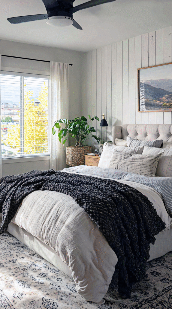 Serene bedroom styling with a messy but luxurious layered bed and soft morning sunlight.
