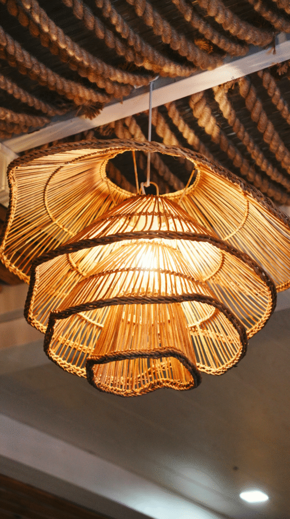 Afrocentric boho style lighting with a large raffia pendant lamp.
