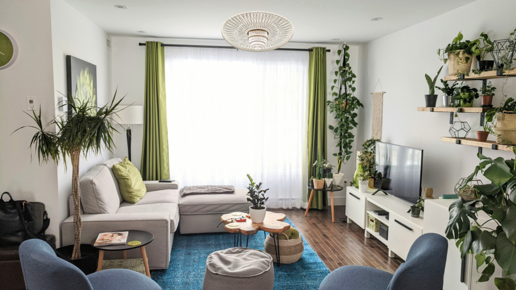 Stylish air-purifying plants in a bright, modern living room.
