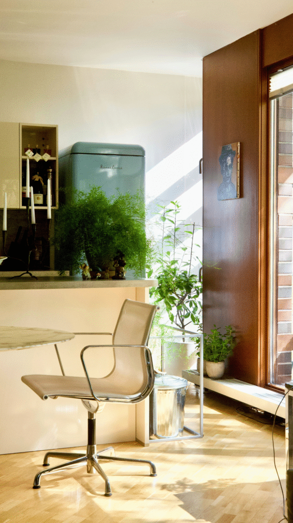 Earth and bloom connection using air-purifying plants in a bedroom nook.