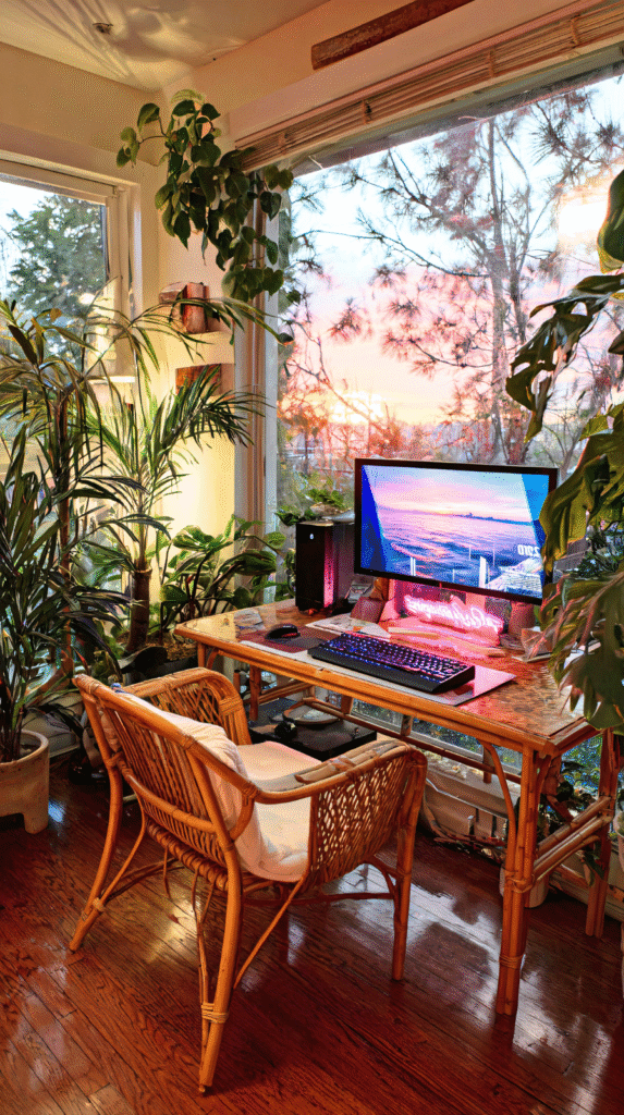 A dopamine decor nook featuring indoor plants and bright mood-boosting colors.
