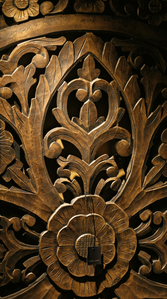 A high-end afrohemian decor hero piece made of hand-carved wood.
