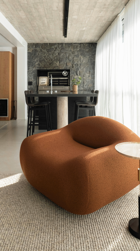 Curved furniture and soft edges in a modern living room.