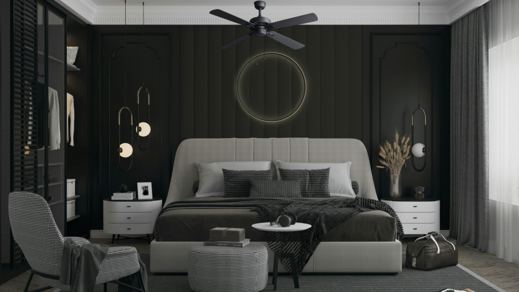 A sophisticated dark organic modern decor living room featuring charcoal lime-wash walls, a raw wood coffee table, and moody lighting for 2026.