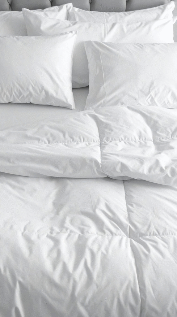 Close up of a high-loft white duvet showing the double duvet hack for a fluffy cloud bed aesthetic.
