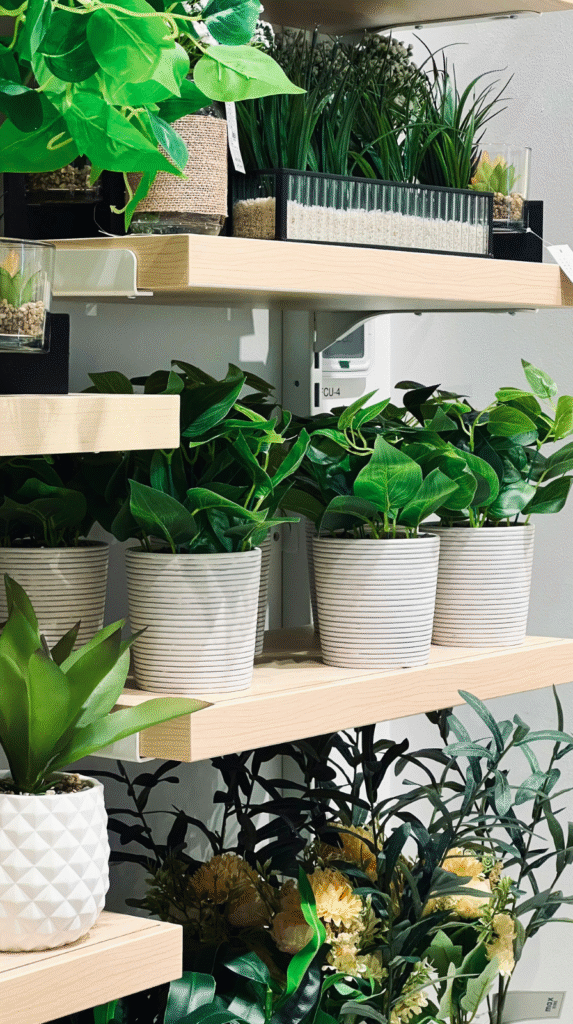A lush green plant adding life force and biophilic design to a healing sanctuary corner.
