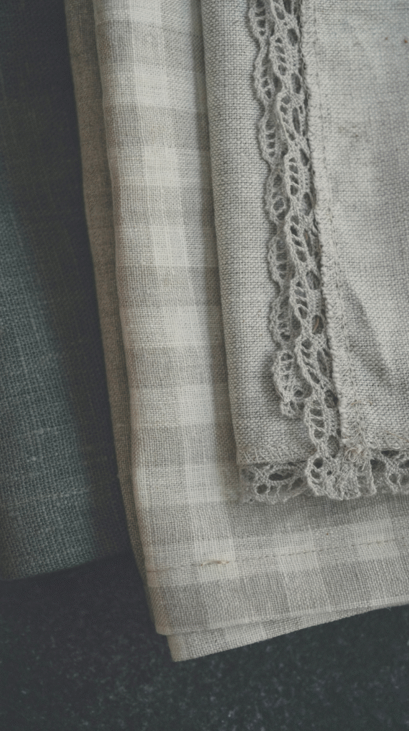 Close up of natural linen textures for a slow living space.