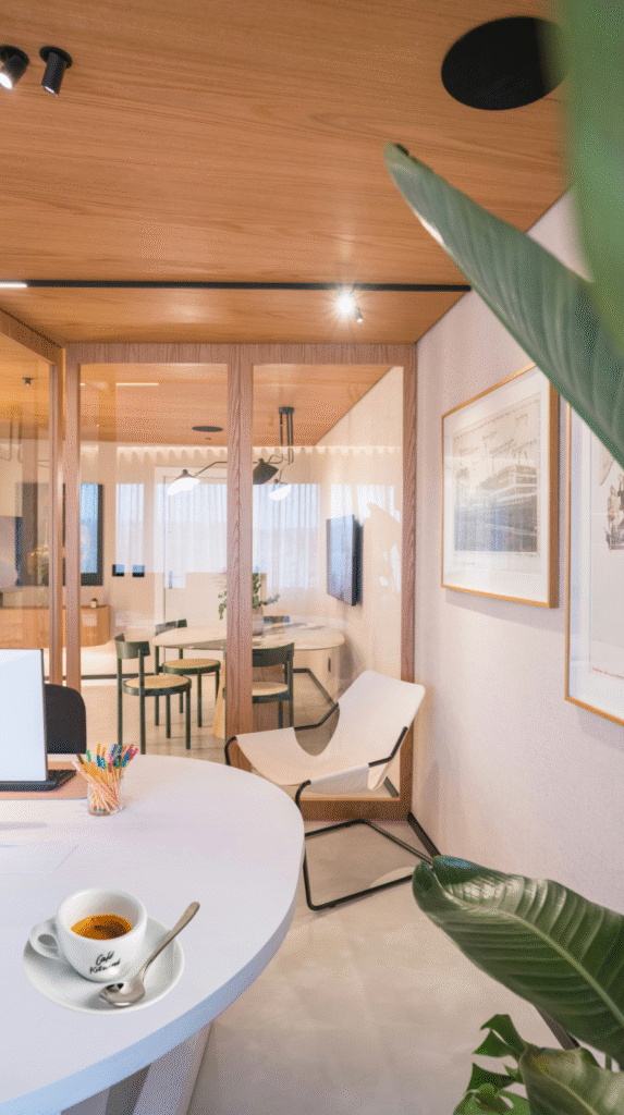 Pillar 1: Using natural materials like stone and oak in warm modern living room ideas.
