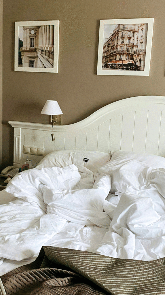 Close up of organic modern bedding textures for a peaceful sleep sanctuary.
