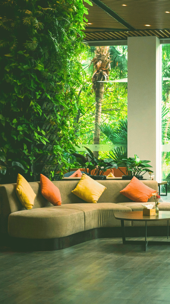 Natural materials and stone decor in an organic modern interior design setting.
