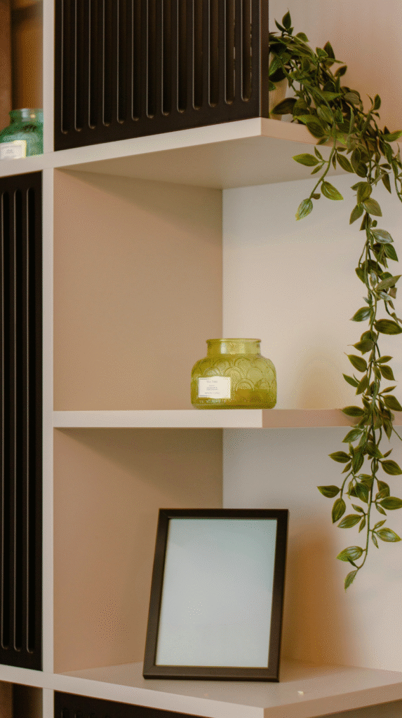 Minimalist shelf styling representing the quiet luxury home decor aesthetic.
