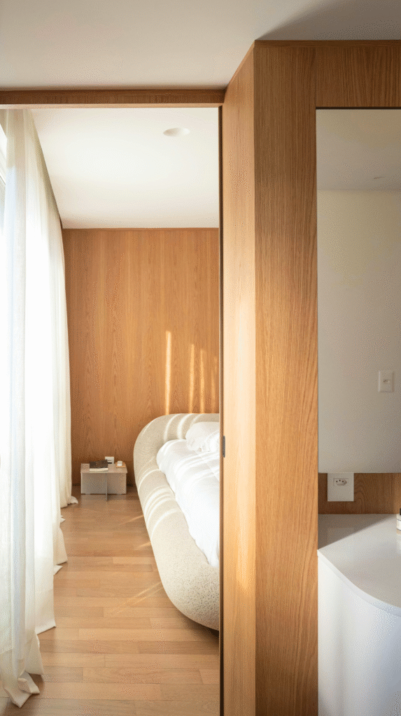 Soft amber lighting and candles in a modern quiet luxury living room to reduce stress.
