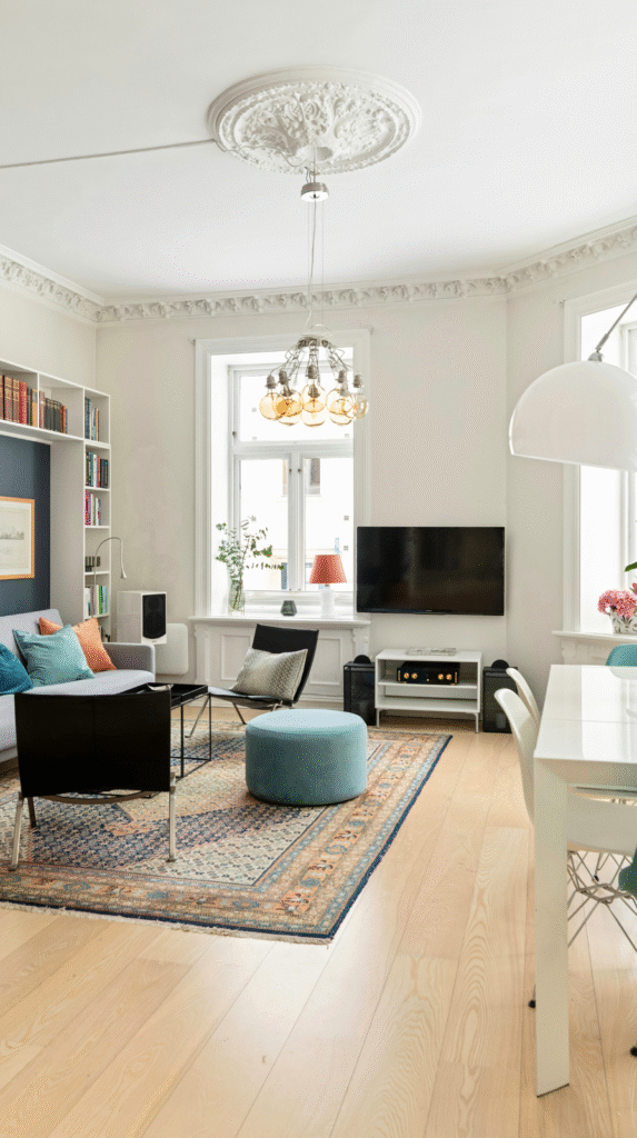 rearrange furniture to look expensive in a small apartment living room
