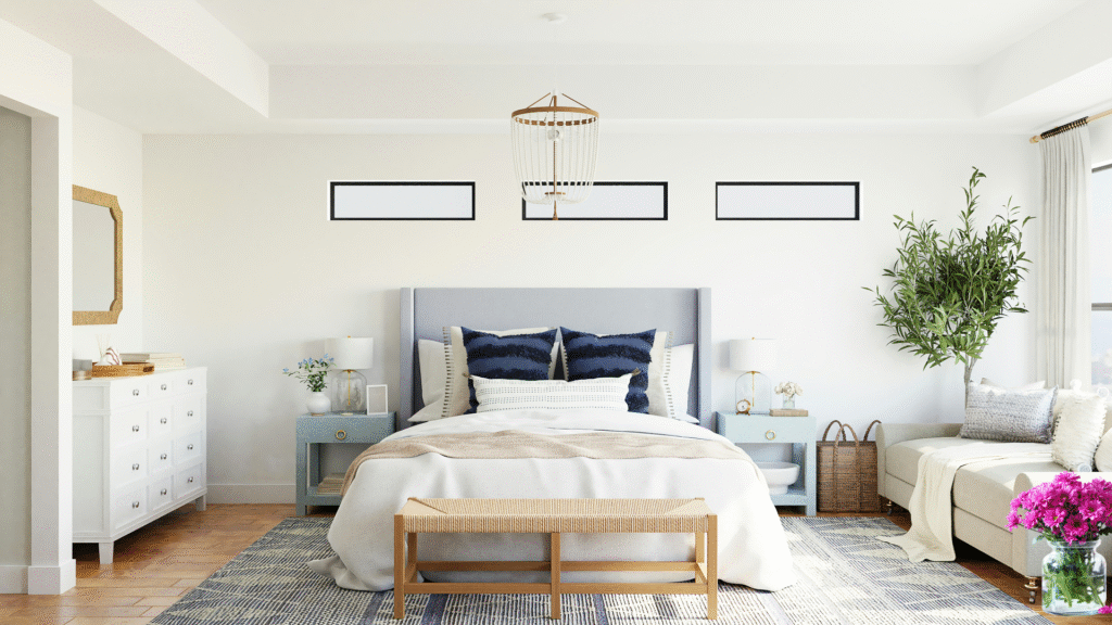 Main hero shot of a modern sleep sanctuary bedroom with warm textures.