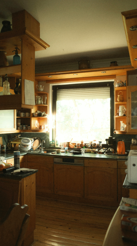 A rustic wooden dresser showcasing an unfitted kitchen design aesthetic.