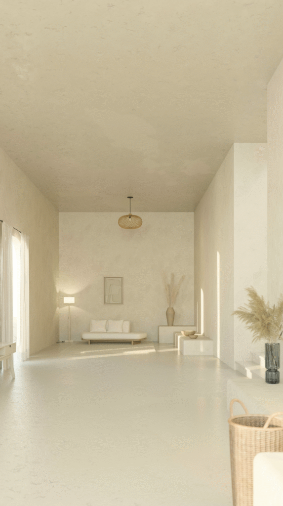 Warm minimalist interior textures with lime-wash walls and beige decor.
