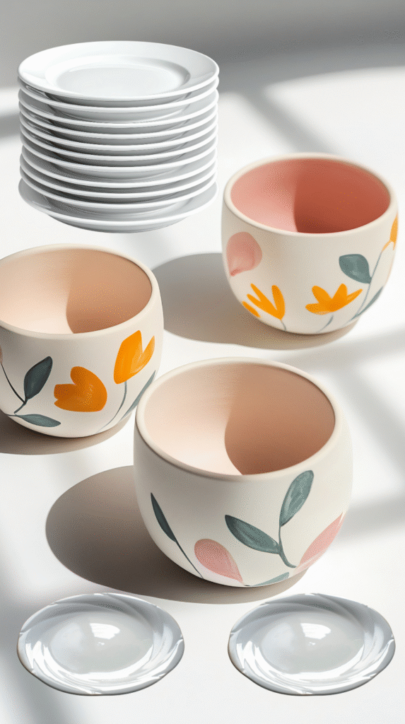 Handcrafted clay pottery and stationery on a grounded home office desk.
