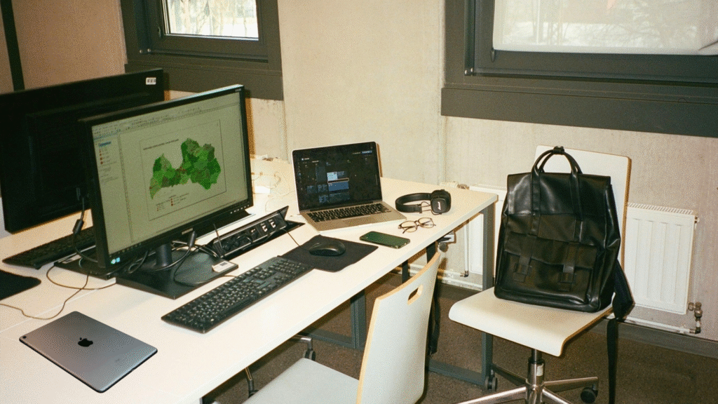 A grounded home workspace with a light wood desk and a minimalist Scandinavian aesthetic.
