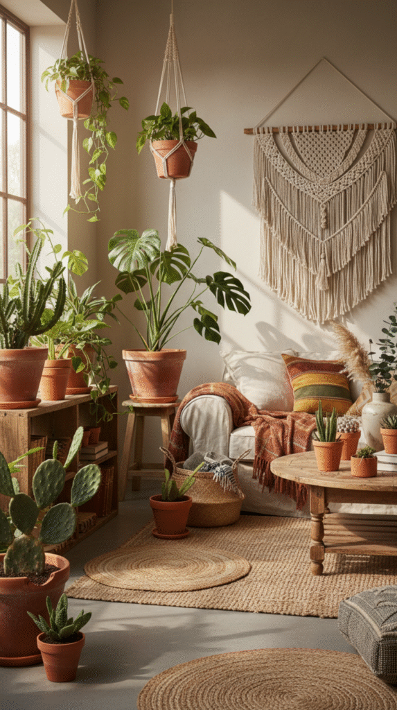 Close up of aged terracotta pots with natural salt patina and green fern leaves
