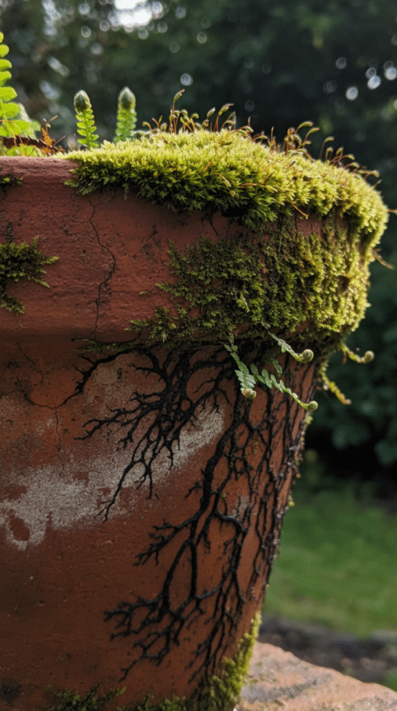 A cozy reading nook styled with large aged terracotta pots and lush Boston ferns
