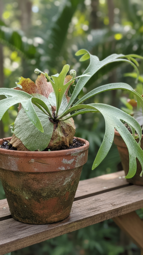 An architectural Staghorn fern in a large aged terracotta pot, perfect for earthy interior design and grounded homes.
