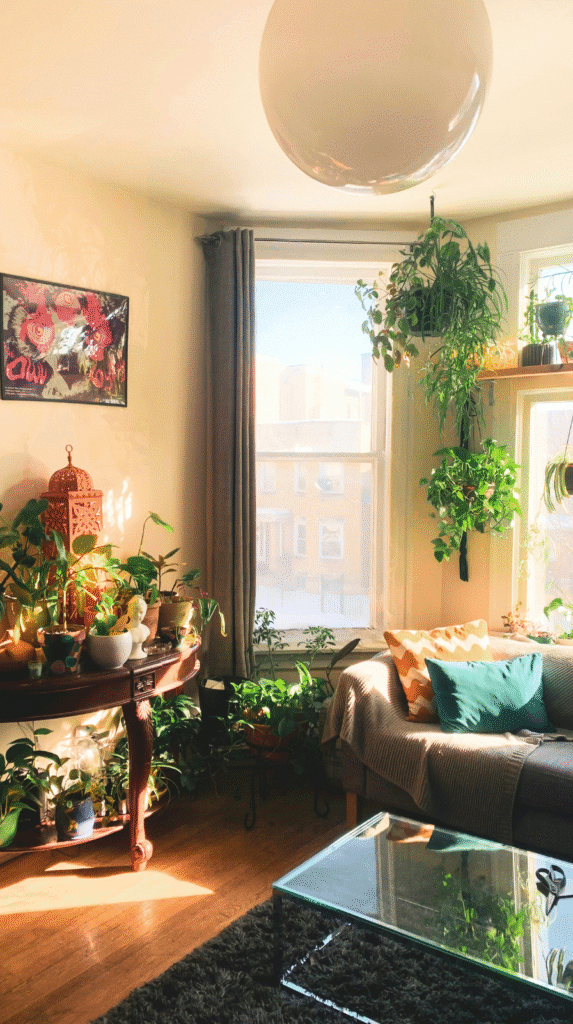 A serene, sun-drenched corner of a home representing slow living and rooted design.
