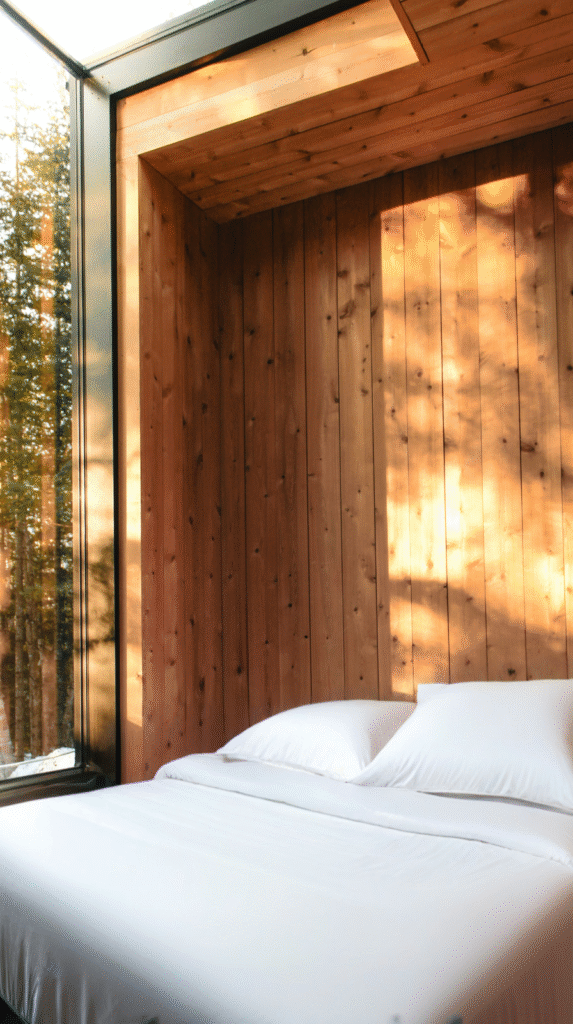 A restorative bedroom sanctuary with mushroom taupe walls and earthy linen bedding
